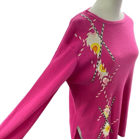 KOOS Of Course Women Ramie Silk Sweater Geometric Applique Sz M Pink 79-44 - Picture 5 of 11